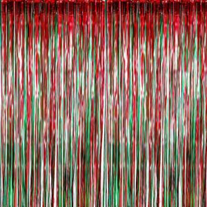 sumind 4 pack foil curtains metallic fringe curtains shimmer curtain for birthday wedding party christmas decorations (red and green)