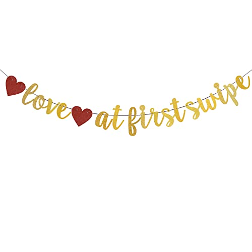 Gold Glitter Love at First Swipe Banner, Tinder Wedding Engagement Bridal Shower Bunting Sign,Pre-Strung Funny Tinder Couple Party Decorations