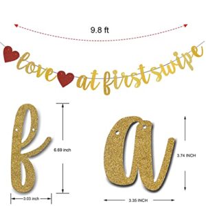 Gold Glitter Love at First Swipe Banner, Tinder Wedding Engagement Bridal Shower Bunting Sign,Pre-Strung Funny Tinder Couple Party Decorations