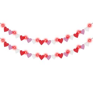 2 pieces heart garland banner for valentines day with red led lights decorations red pink white heart felt banners garland for fireplace, anniversary, wedding, engagement party home decor (style 2)