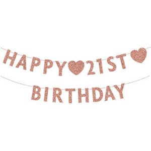 rose gold 21st birthday banner, glitter happy 21 years old boy or girl party decorations, supplies