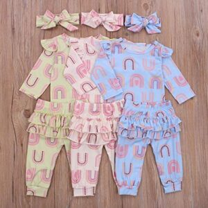 Newborn Baby Girl Rainbow Outfits Ruffled Romper Bodysuit Cake Smash Pants Headband Fall Winter Clothes Set (Beige, 12-18 Months)