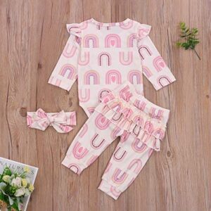 Newborn Baby Girl Rainbow Outfits Ruffled Romper Bodysuit Cake Smash Pants Headband Fall Winter Clothes Set (Beige, 12-18 Months)