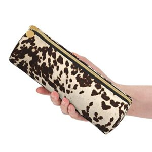 ASEELO Brown Cowhide Pencil Case Pencil Pouch Black Pencil Bag PU Leather Pen Case Big Capacity Pencil Case,for Pens, Markers, Makeups, Change, Coins