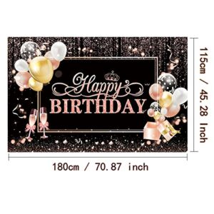 ZARROUEA Rose Gold Happy Birthday Backdrop Banner Colorful Balloon Champagne Photography Background for Girls Women Birthday Party Decorations Photo Booth Backdrops(71*45in)