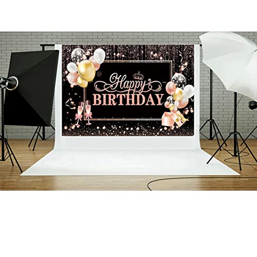 ZARROUEA Rose Gold Happy Birthday Backdrop Banner Colorful Balloon Champagne Photography Background for Girls Women Birthday Party Decorations Photo Booth Backdrops(71*45in)