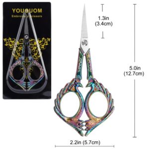 YOUGUOM Embroidery Scissors - Small Vintage Sharp Detail Shears for DIY Craft, Sewing, Artwork, Needlework Yarn, Fabric Cutting, Thread Snips, 5in Rainbow Peacock Style