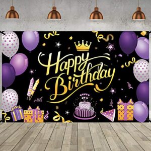 Lovyan Happy Birthday Backdrop Banner Extra Large Fabric Purple Gold Sign Poster Photo Booth Background for Men Women Birthday Anniversary Party Decoration Supplies, 71 x 43.3 Inch (Crown)