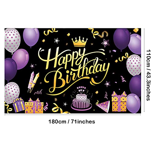 Lovyan Happy Birthday Backdrop Banner Extra Large Fabric Purple Gold Sign Poster Photo Booth Background for Men Women Birthday Anniversary Party Decoration Supplies, 71 x 43.3 Inch (Crown)
