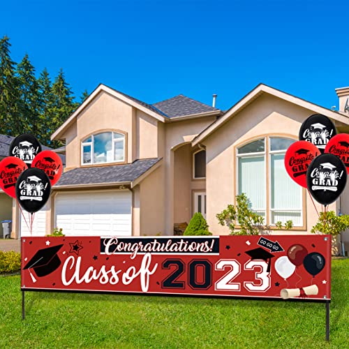 Graduation Decorations 2023 Banner Red and Black Class of 2023 Graduation Party Large Congratulations Backdrop and 8pcs Congrats Grad Balloons for College Graduation Party Decorations 2023(red)