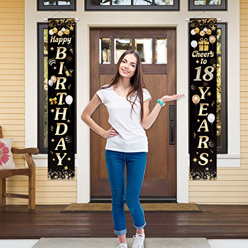 Happy Birthday Cheers to 18 Years Black Gold Yard Sign Door Banner 18th Birthday Decorations Party Supplies