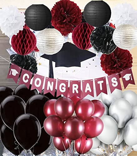 Graduation Decorations 2023 Maroon Grad Burgundy Silver Black Maroon Grad Burgundy Silver Black Balloon Congrats Banner 2023 Burgundy Graduation Party Supplies