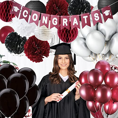 Graduation Decorations 2023 Maroon Grad Burgundy Silver Black Maroon Grad Burgundy Silver Black Balloon Congrats Banner 2023 Burgundy Graduation Party Supplies