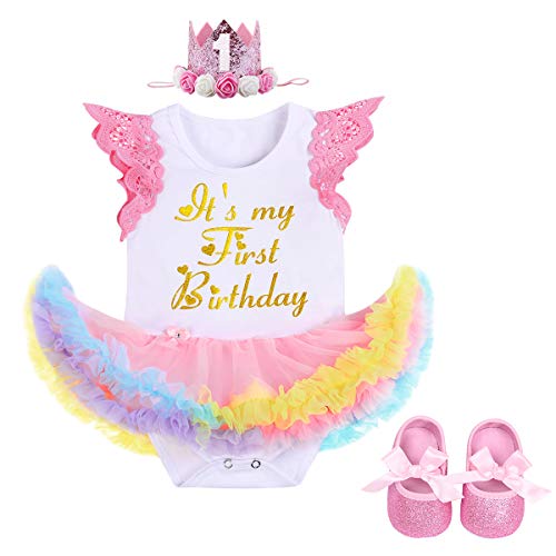 ODASDO Baby Girl First Birthday Outfit Rainbow Tulle Vest Tutu Princess Romper Dress Bodysuit Tiara Crown Headband Shoes 3pcs Cake Smash Set Photo Props Pink 6-12 Months