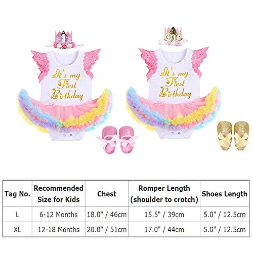 ODASDO Baby Girl First Birthday Outfit Rainbow Tulle Vest Tutu Princess Romper Dress Bodysuit Tiara Crown Headband Shoes 3pcs Cake Smash Set Photo Props Pink 6-12 Months