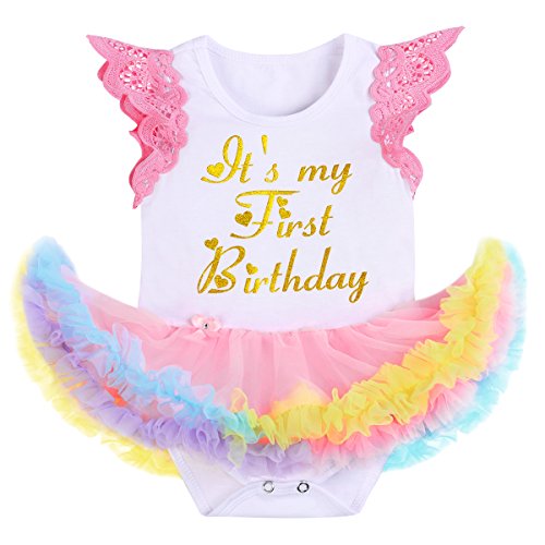 ODASDO Baby Girl First Birthday Outfit Rainbow Tulle Vest Tutu Princess Romper Dress Bodysuit Tiara Crown Headband Shoes 3pcs Cake Smash Set Photo Props Pink 6-12 Months