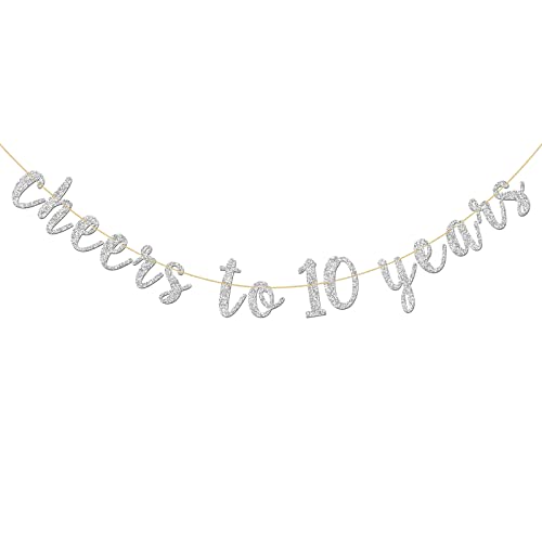 INNORU Glitter Silver Cheers to 10 Years Banner - Child 10th Birthday Sign Bunting 10th Wedding Anniversary Party Bunting Decoration