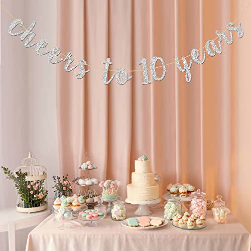 INNORU Glitter Silver Cheers to 10 Years Banner - Child 10th Birthday Sign Bunting 10th Wedding Anniversary Party Bunting Decoration