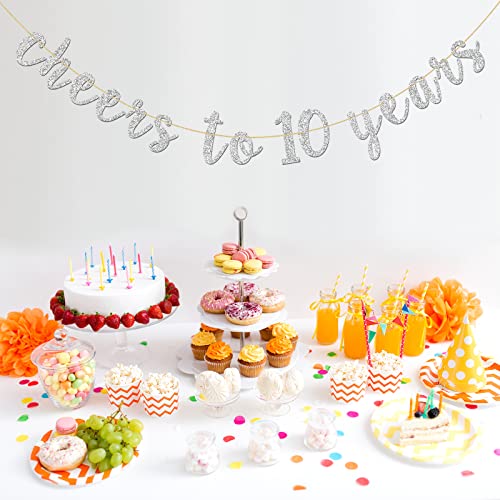 INNORU Glitter Silver Cheers to 10 Years Banner - Child 10th Birthday Sign Bunting 10th Wedding Anniversary Party Bunting Decoration