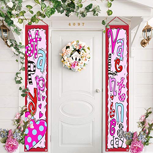 Whaline Happy Valentine's Day Porch Sign Heart Love Hanging Door Sign Red Pink Valentine Banner for Holiday Home Indoor Outdoor Wall Door Garden Party Decoration Supplies