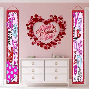 Whaline Happy Valentine's Day Porch Sign Heart Love Hanging Door Sign Red Pink Valentine Banner for Holiday Home Indoor Outdoor Wall Door Garden Party Decoration Supplies