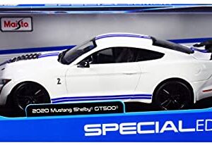 2020 Ford Mustang Shelby GT500 White with Blue Stripes Special Edition 1/18 Diecast Model Car by Maisto 31452