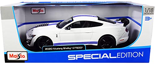 2020 Ford Mustang Shelby GT500 White with Blue Stripes Special Edition 1/18 Diecast Model Car by Maisto 31452