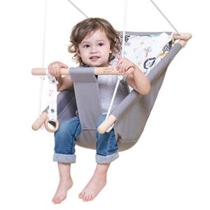 baby swing for baby and toddler, canvas baby hammock swing indoor and outdoor with safety belt and mounting hardware, wooden hanging swing seat chair for baby up to 4 year – cute animal