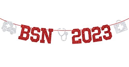 BSN 2023 Banner - Nurse Graduation Bunting Sign, Future Nurse, Medical School Graduation Party Decorations - Red and Silver Glitter