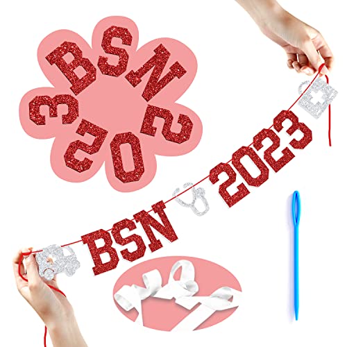 BSN 2023 Banner - Nurse Graduation Bunting Sign, Future Nurse, Medical School Graduation Party Decorations - Red and Silver Glitter