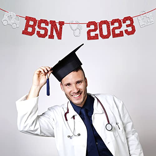 BSN 2023 Banner - Nurse Graduation Bunting Sign, Future Nurse, Medical School Graduation Party Decorations - Red and Silver Glitter