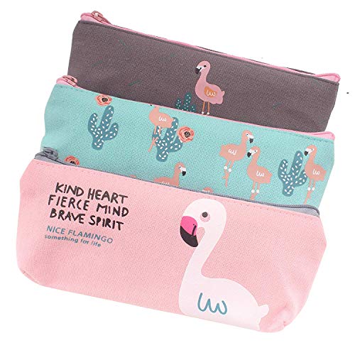 Z ZICOME Set of 3 Flamingo Cactus Canvas Pencil Cases Pen Marker Holders Cosmetic Bags Makeup Pouches Purse Organizer Pouches for School Craft Little Supplies