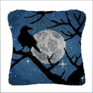 crow raven moon night latch hook pillowcase kits for adults and starter diy cushion throw pillow cross stitch latch hook rug kits with preprinted canvas crochet yarn kits needlework crafts 17” x 17”