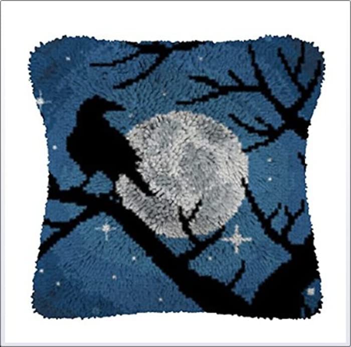 Crow Raven Moon Night Latch Hook Pillowcase Kits for Adults and Starter DIY Cushion Throw Pillow Cross Stitch Latch Hook Rug Kits with Preprinted Canvas Crochet Yarn Kits Needlework Crafts 17'' X 17''