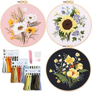 silentsea embroidery kit, 3 sets of floral patterns for beginners, with hoops, embroidery cloth, needles, embroidery thread and other tools