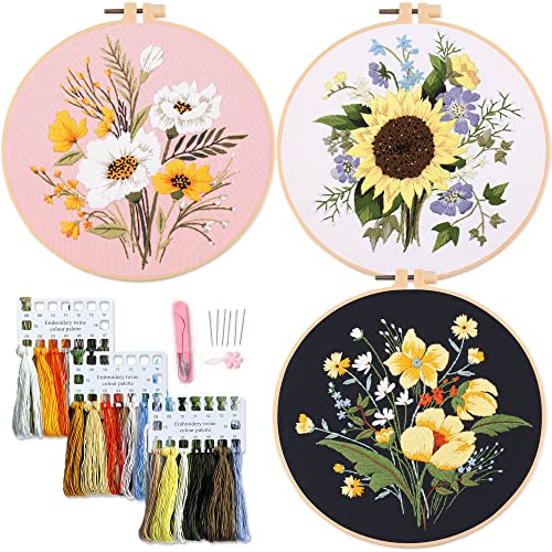 Silentsea Embroidery kit, 3 Sets of Floral Patterns for Beginners, with Hoops, Embroidery Cloth, Needles, Embroidery Thread and Other Tools