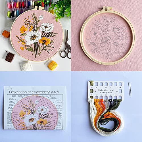 Silentsea Embroidery kit, 3 Sets of Floral Patterns for Beginners, with Hoops, Embroidery Cloth, Needles, Embroidery Thread and Other Tools