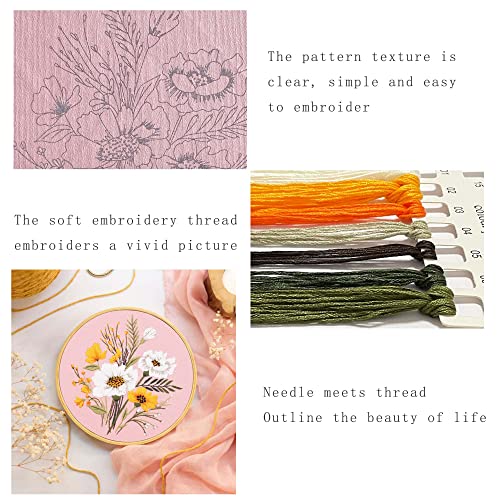 Silentsea Embroidery kit, 3 Sets of Floral Patterns for Beginners, with Hoops, Embroidery Cloth, Needles, Embroidery Thread and Other Tools