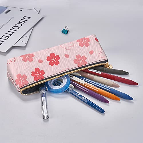 LAKIMCT Leather Pencil Pouch Bag Cute Keychain, Pen Case Cosmetic Storage Bag, Cross Grain, Brass Zipper, Triangle - Cherry Blossoms