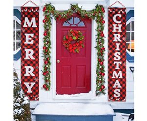 porch christmas decorations, merry christmas banner, christmas porch sign – large christmas front door decorations outdoor, red plaid christmas decor outside, christmas yard signs – 71”x14”
