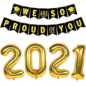 graduation decorations 2021 class of 2021 decorations gold glittery we are so proud of you banner gold 2021 number foil mylar balloons set for outdoor indoor wall yard decor graduation party supplies