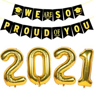 Graduation Decorations 2021 Class of 2021 Decorations Gold Glittery We are So Proud of You Banner Gold 2021 Number Foil Mylar Balloons Set for Outdoor Indoor Wall Yard Decor Graduation Party Supplies