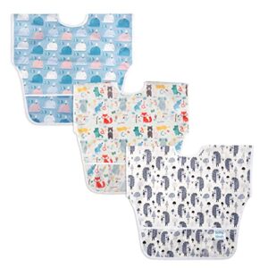 3 pcs short sleeved bib set | baby boy girl waterproof bibs with pocket bundle | toddler bib with crumb catcher | 6-36 months