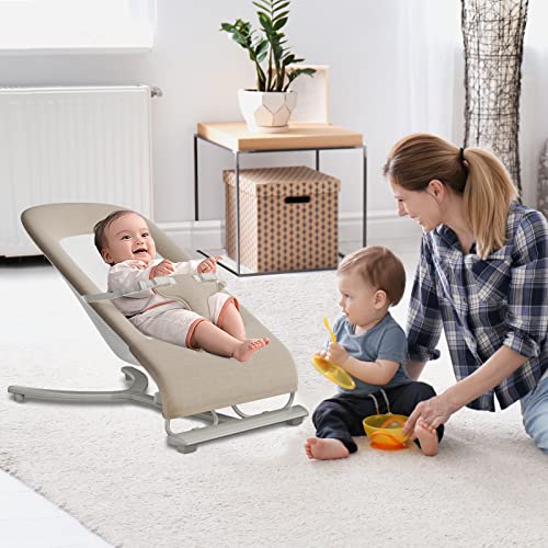 Baby Bouncers for Infants, Portable Bouncer Seat for Babies, Portable Baby Rocker with 3-Point Harness, Portable Rocker with Mesh Fabric and Babies Soothing Vibrations (Khaki)