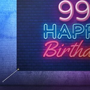 Glow Neon Happy 99th Birthday Backdrop Banner Decor Black – Colorful Glowing 99 Years Old Birthday Party Theme Decorations for Men Women Supplies