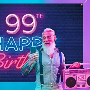 Glow Neon Happy 99th Birthday Backdrop Banner Decor Black – Colorful Glowing 99 Years Old Birthday Party Theme Decorations for Men Women Supplies