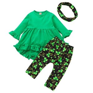 3pcs/set kids toddler girl st. patrick’s day clothes long sleeve irregular tunic top dress clover pants scarf outfits (dark green, 2-3t)
