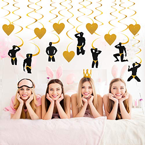 Bachelorette Party Decorations Supplies, 14Pcs Male Stripper & Heart Hanging Swirls, Dirty Naughty Bachelorette Party Bridal Shower Hen Party Supplies for Adult(Gold)