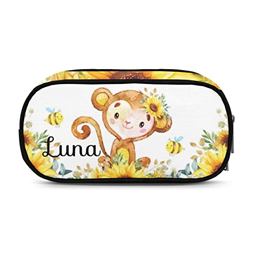 Custom Pencil Pen Case, Personalized Pencil Bag Pouch Box with Zipper, Pencil Pouch for School Office and Travel Sunflower Monkey