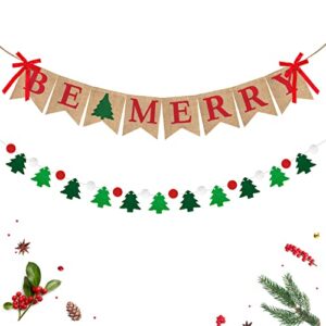 2pcs merry christmas banner, be merry burlap banner felt ball christmas tree pom pom garland happy holidays banner for mantle fireplace christmas xmas party holiday decorations home outdoor indoor
